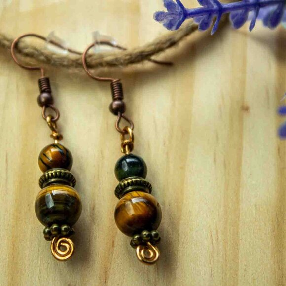 Tiger’s Eye Drop Earrings with Bronze and Copper Accents - Picture 9 of 11